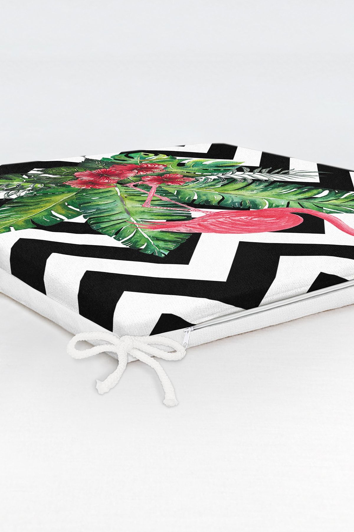 Realhomes-Modern Zippered Chair Cushion with Flamingo and Leaves Design on Zigzag Floor 6
