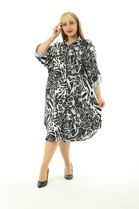 Kadın Siyah Beyaz Desenli Battal Büyük Beden Elbise EYM200