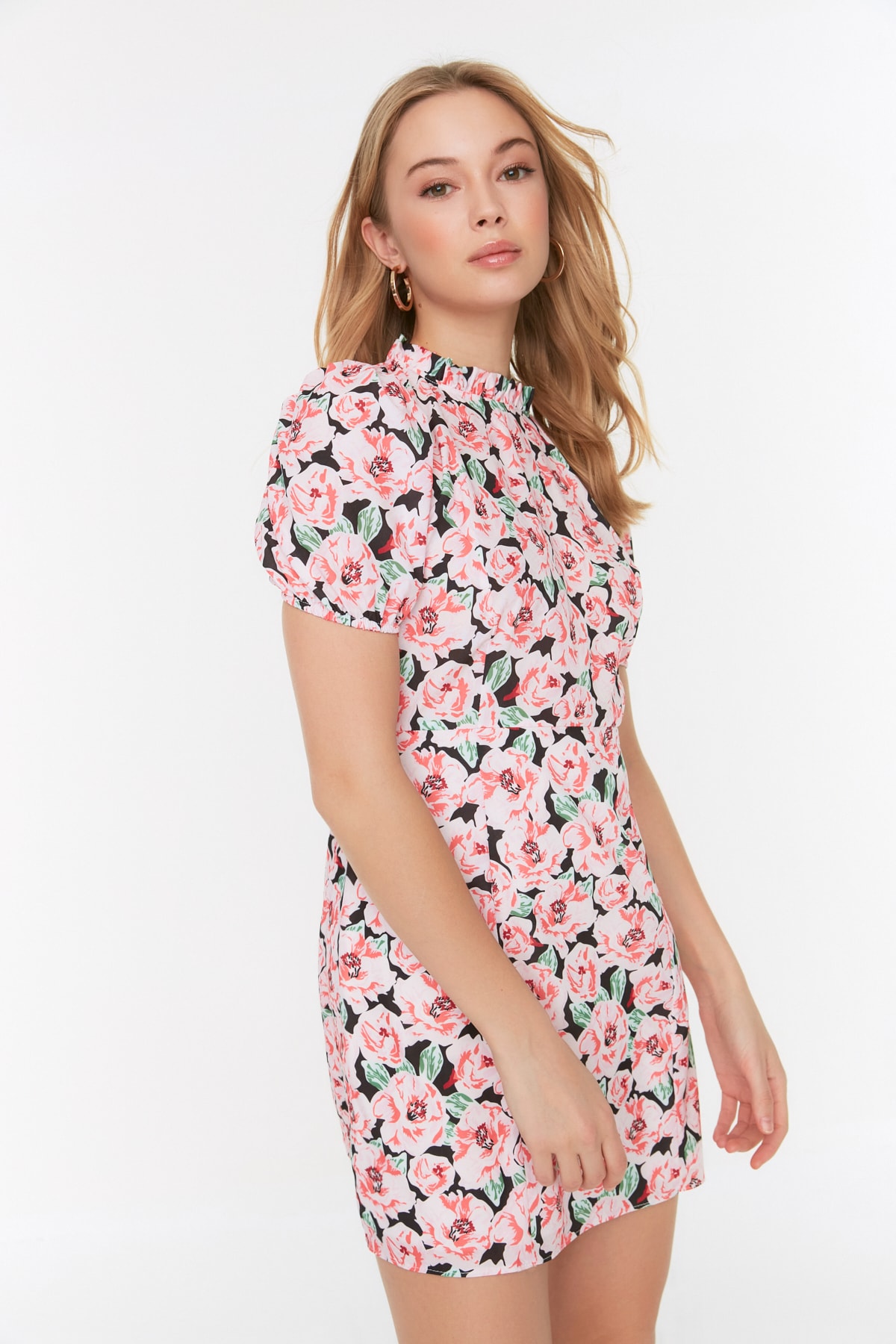 Trendyolmilla  Çok Renkli A Kesim Dik Yaka Çiçek Desenli Süper Mini Astarlı Dokuma Elbise TWOSS21EL2880 - Görsel 7