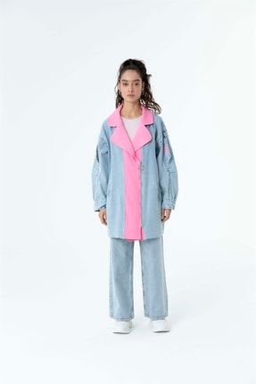 Kadın Yakalı Iç Pembe Detay Jean Ceket Kar Yıkama GRMSL-30899