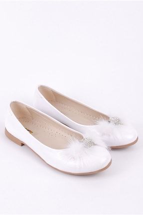 Taşlı Kız Çocuk Günlük Ve Abiye Babet Ayakkabı Beyaz Rugan RC0258