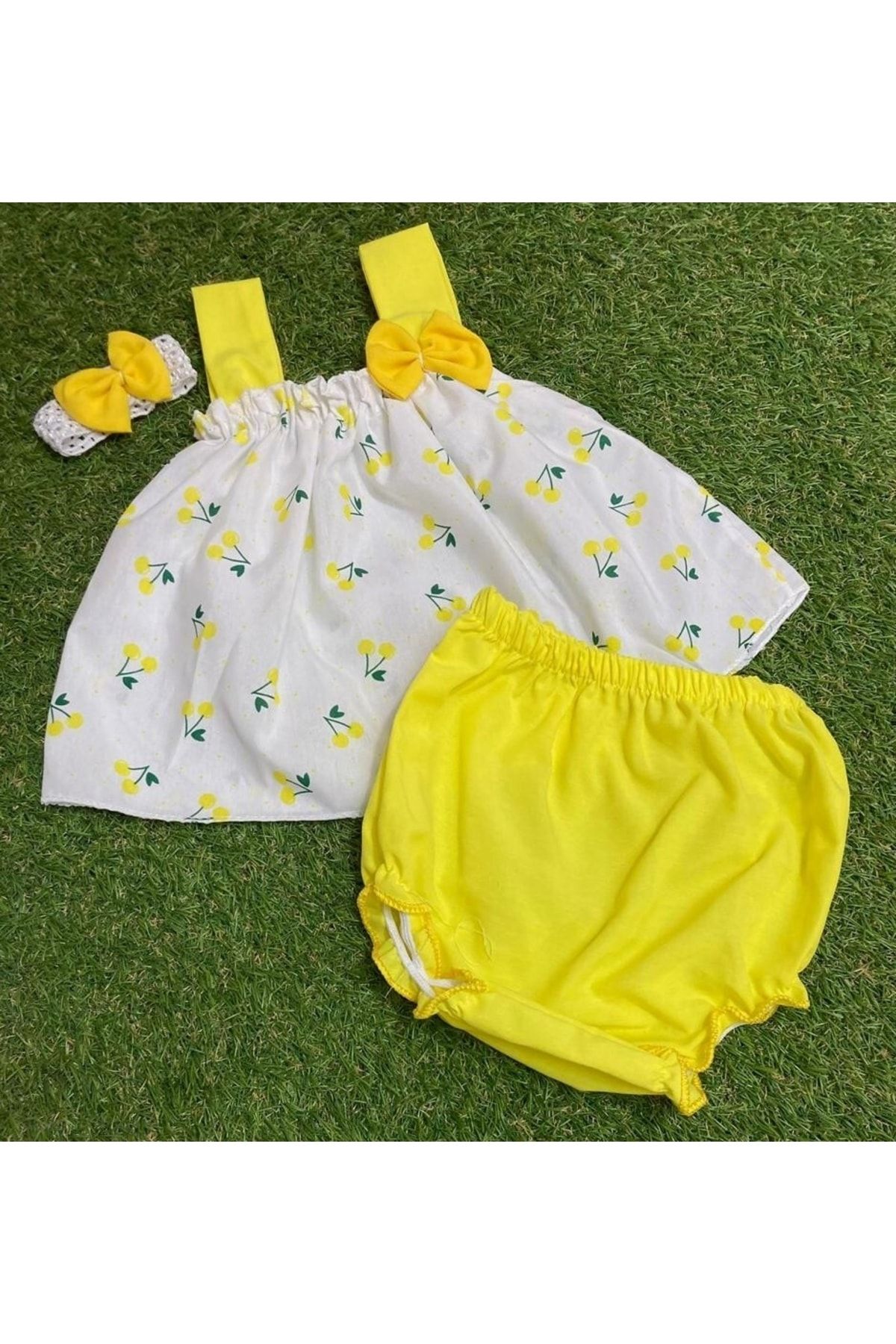 Sönmez Baby Fosfor Kiraz Baskılı Yazlık Üç Parçalı Kız Bebe Takımı