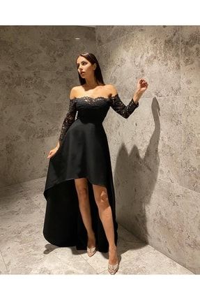 Kadın Siyah Güpür Dantel Detaylı Önü Mini Arka Uzun Tasarım Davet Mezuniyet Elbise Abiye TYC00418955492