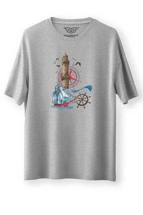 Deniz Feneri Ve Yelkenli Oversize Tişört Kısa Kollu Bisiklet Yaka Baskılı Bol Kesim Tişört trrzz-000166