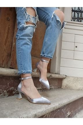 Gümüş Saten Bileklikli 5 Cm Kadın Topuklu Ayakkabı DS-MACHİ
