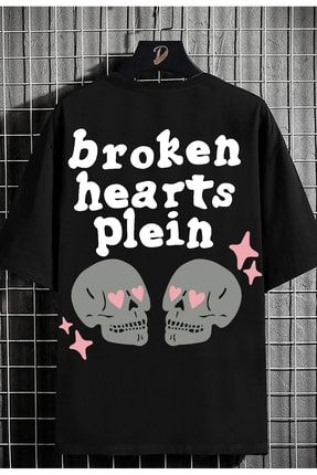 Oversize Unisex Broken Hearts Plein Siyah Baskılı % 100 Pamuk T-shirt DPLN86