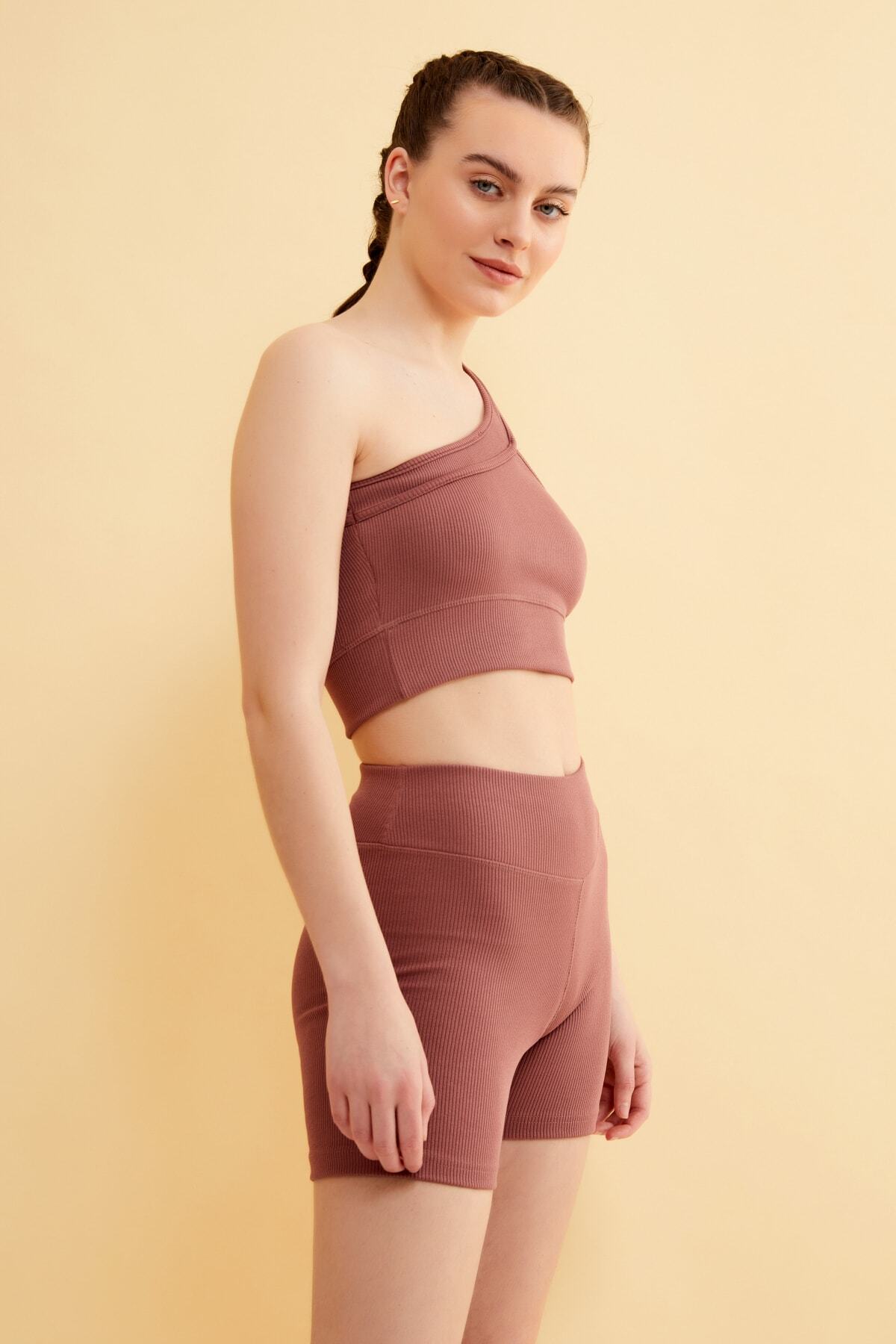 Runever-Dried Rose High Waist Ribbed Sports Bustier Shorts Set 22610 3