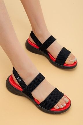 Siyah Kırmızı Lastikli Kadın Spor Sandalet LSTKSNDLT01