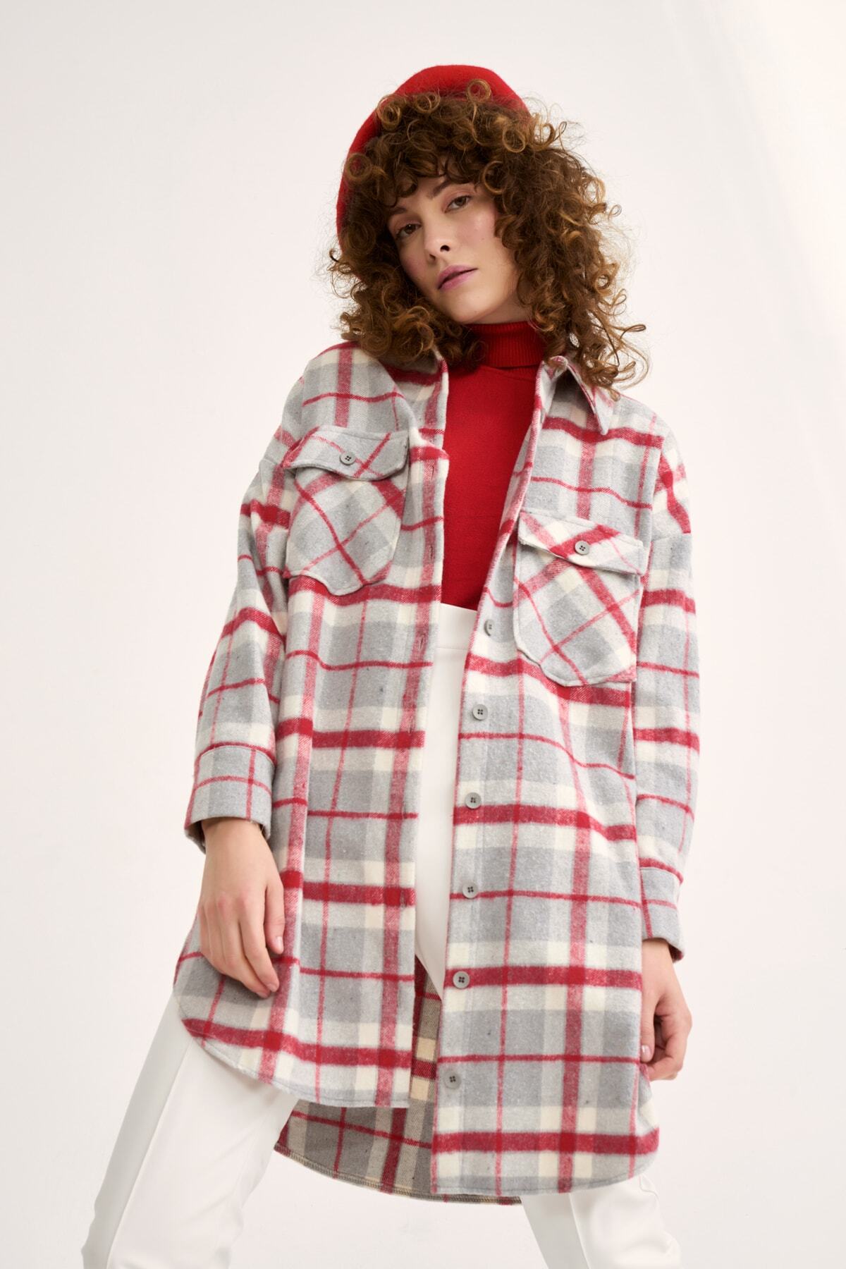 Sateen-Μακρύ πουκάμισο με καρό σχέδιο - Claret Red 5