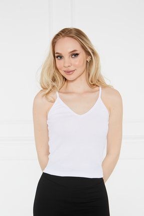 Kadın Beyaz Ip Askılı V Yaka Crop Bluz 22vbluz