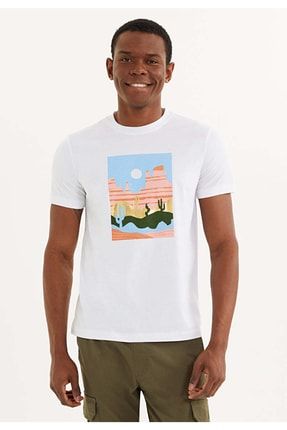 %100 Organik Pamuk Beyaz Bisiklet Yaka-baskılı T-shirt WMT483