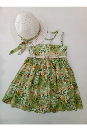 Kız Çocuk Mint Yeşil Çiçek Desenli Şapkalı Elbise S3640