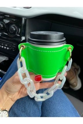 Deri Bardak Tutacağı-coffee Cup Sleeve (neon Green Cover Bag-şeffaf Zincir) NeonGreenŞeffaf