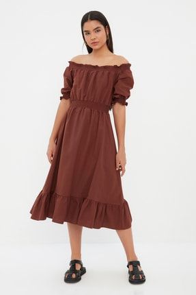 Kahverengi Büzgülü Elbise TWOSS21EL1967