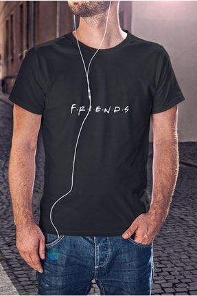 Erkek Siyah Friends Yazı Baskılı T-Shirt K-E-D36