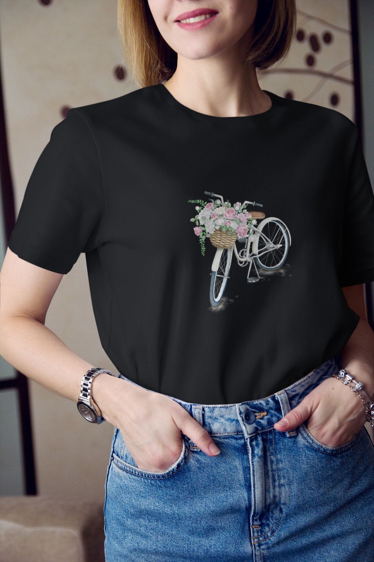 Kio Tasarım Tricou De Damă, Negru, Retro, Floral, Vintage, Cu Imprimeu De Biciclete Femeie - M