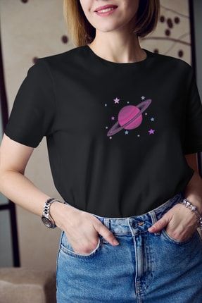 Kadın Pembe Satürn Ve Yıldız Baskılı Tişört K-K-L243