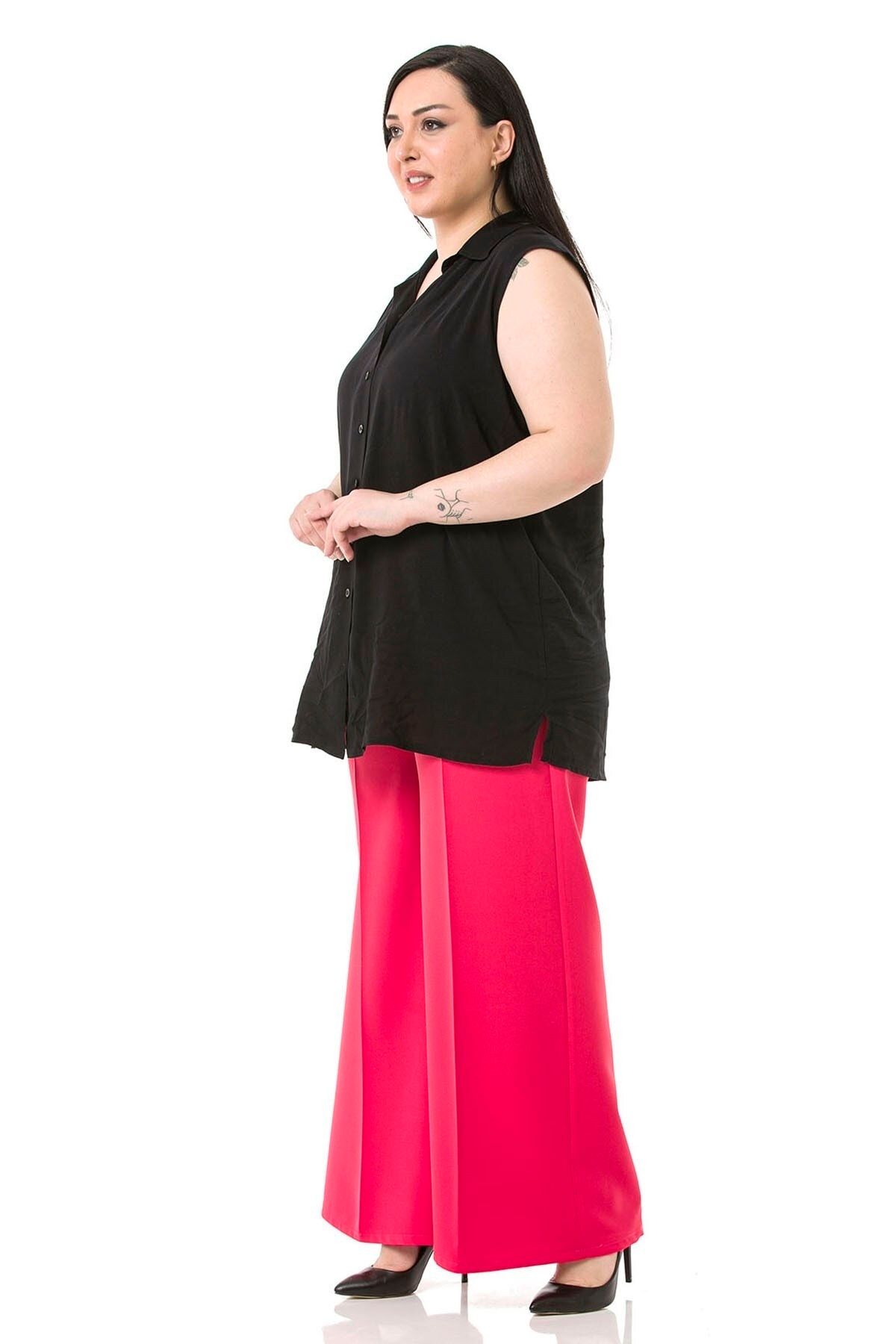 DISENTIS MODEST-Plus Size Wide Leg Double Fuchsia Trousers with Elastic Waist, Sides and Back 4