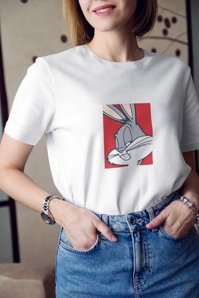 Tavşan Çizgi Film Karakteri Baskılı Tişört Kadın %100 Pamuk K-K-C80