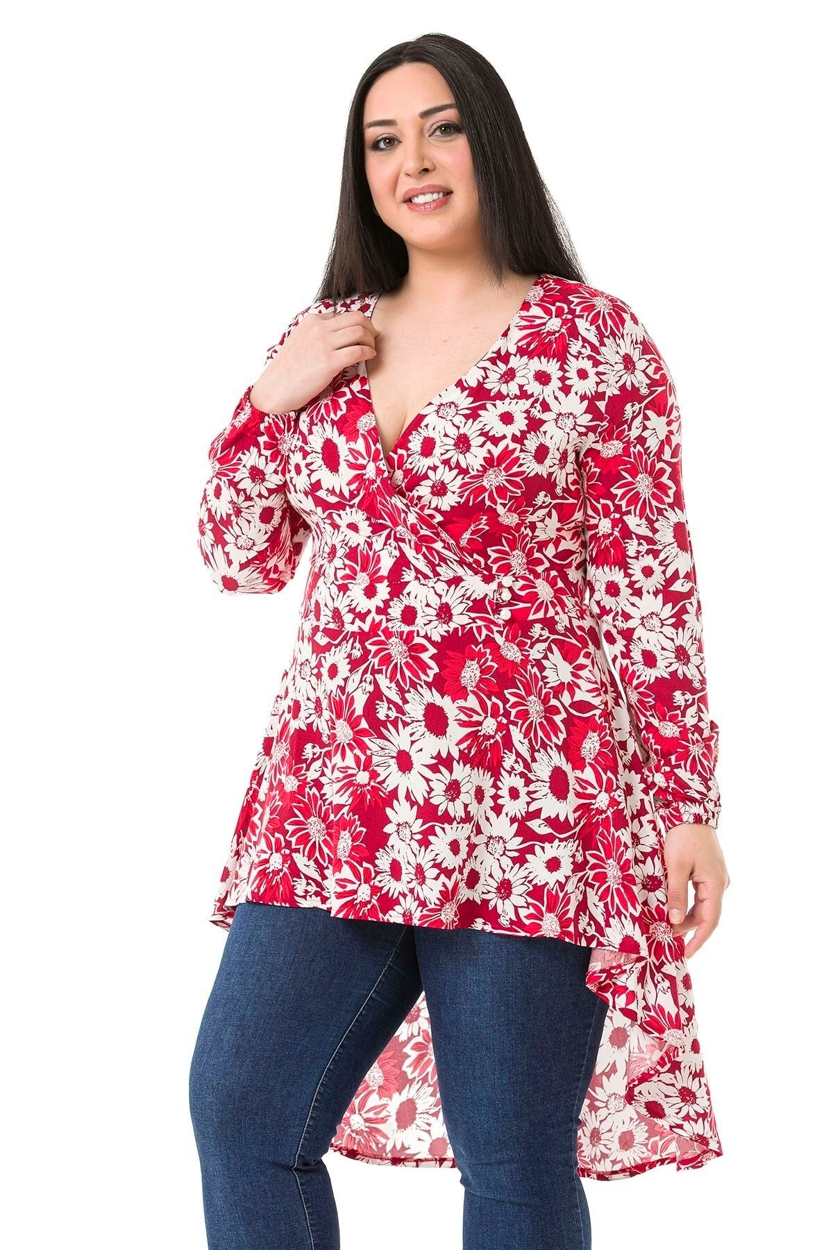 DISENTIS MODEST-Plus Size Double-breasted Red Tunic with Elastic Sleeve and Back Zipper and Long Flowers on the Back 2