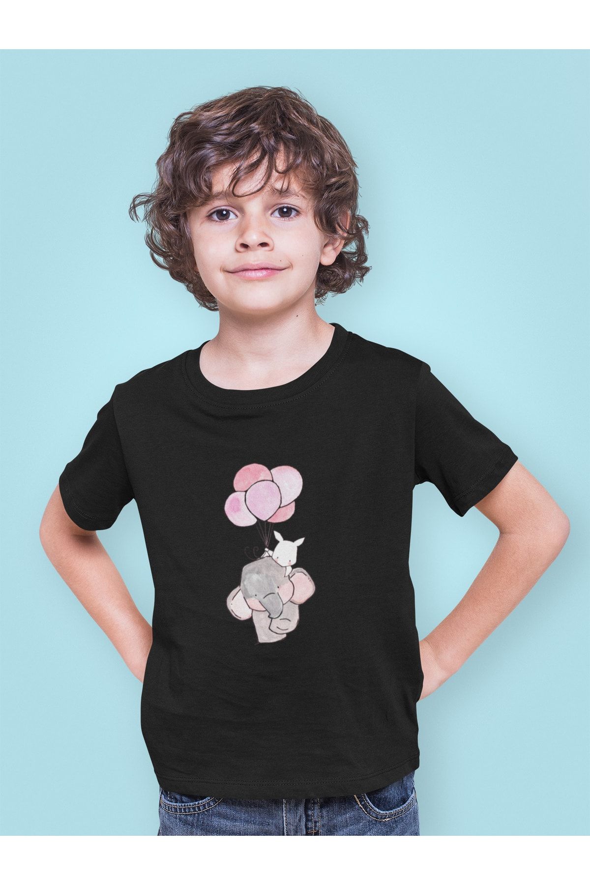 Kio Tasarım-Tricou pentru copii cu imprimeu Elephant And Rabbit Friendship Series 2 Negru Unisex 100% bumbac 1