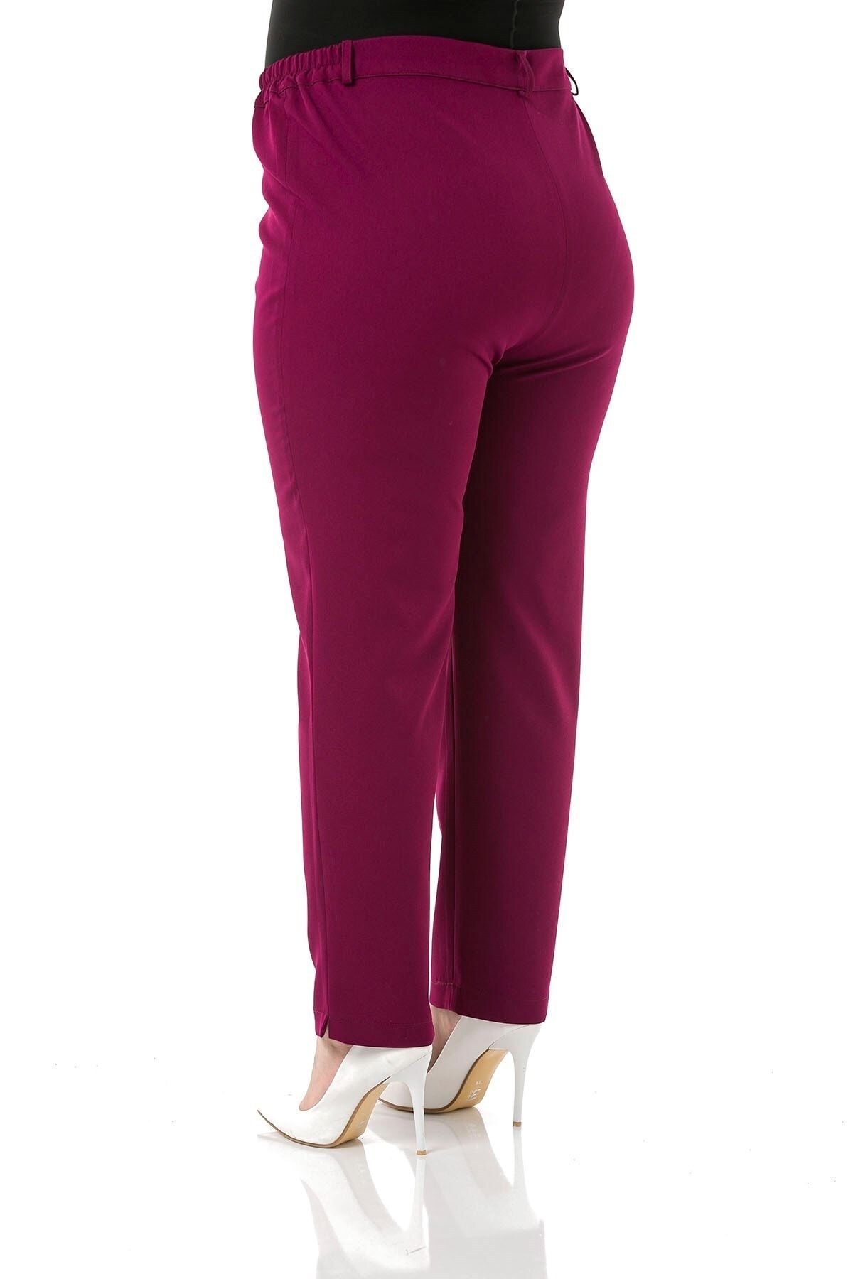 DISENTIS MODEST-Plus Size Claret Red Trousers with Elastic Waist and Side Zippered Leg Slits 3