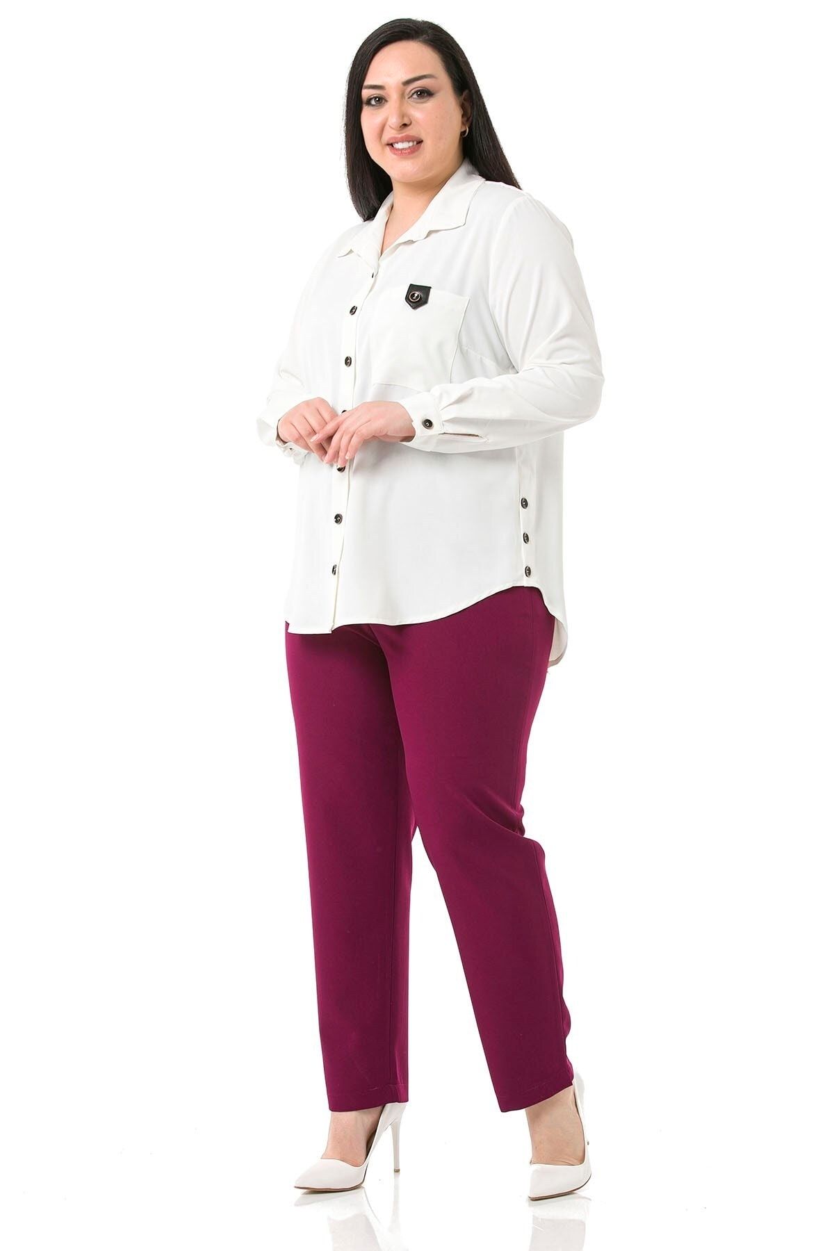 DISENTIS MODEST-Plus Size Claret Red Trousers with Elastic Waist and Side Zippered Leg Slits 4