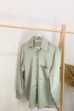 Kadın Mint Oversize Saten Gömlek BB-218891