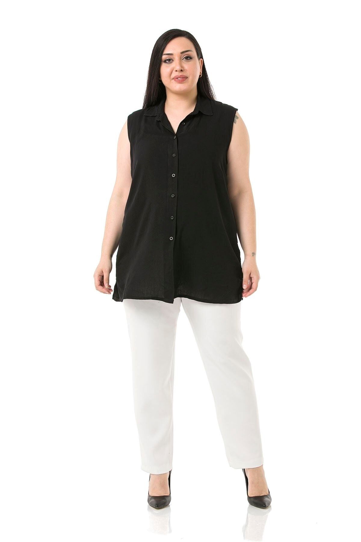 DISENTIS MODEST-Plus Size White Trousers with Elastic Waist and Side Zipper and Slits on the Leg 2