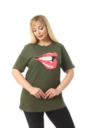 Kadın Büyük Beden Dudak Baskılı Pamuklu Kumaş Kısa Kol T-shirt dudak-7889-2434
