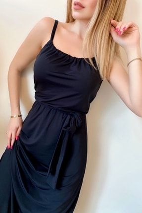 Esnek Mikro Kumaş Siyah Kare Yaka Askılı Belden Bağlama Detaylı Maxi Elbise Gd-049 4S1B-GD-049