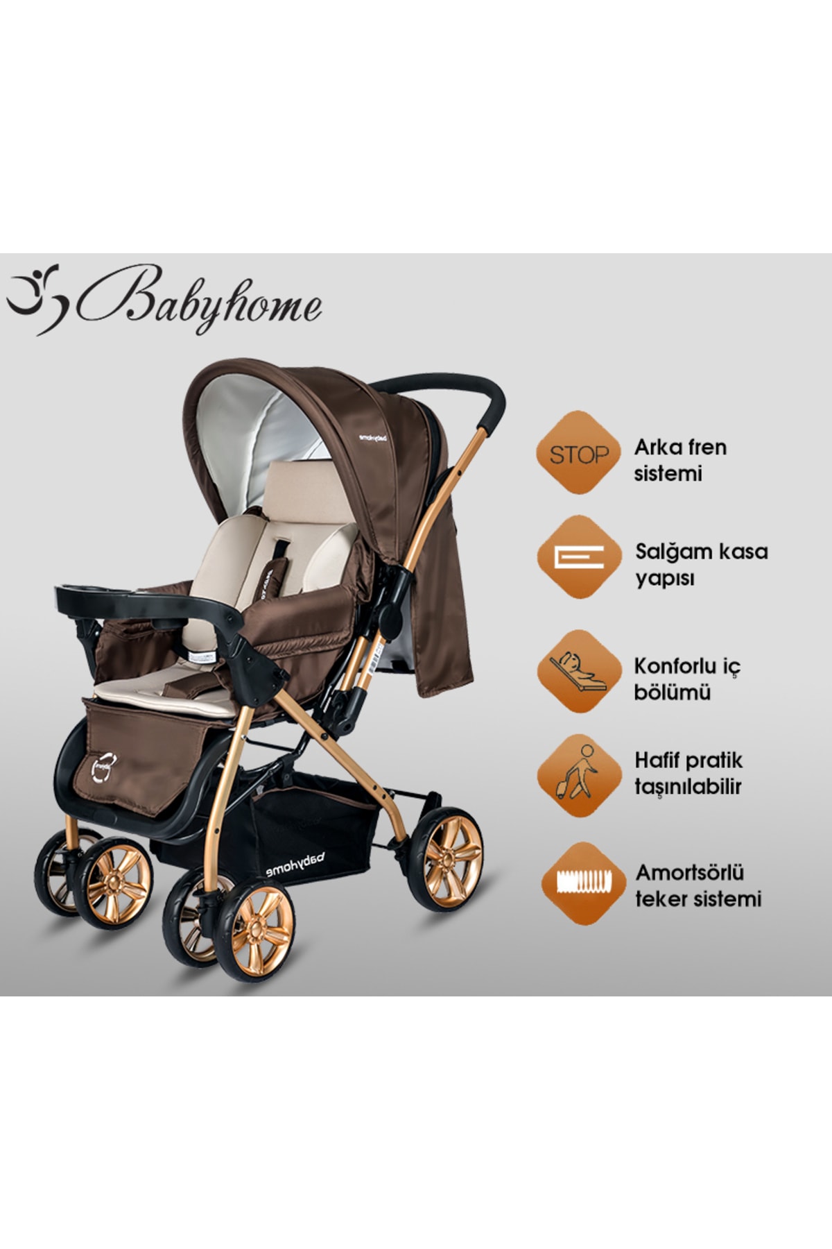 Baby Home Bh-760 Gold Bilyeli Teker Mama Tablalı Çift Yönlü Bebek Arabası NE10242