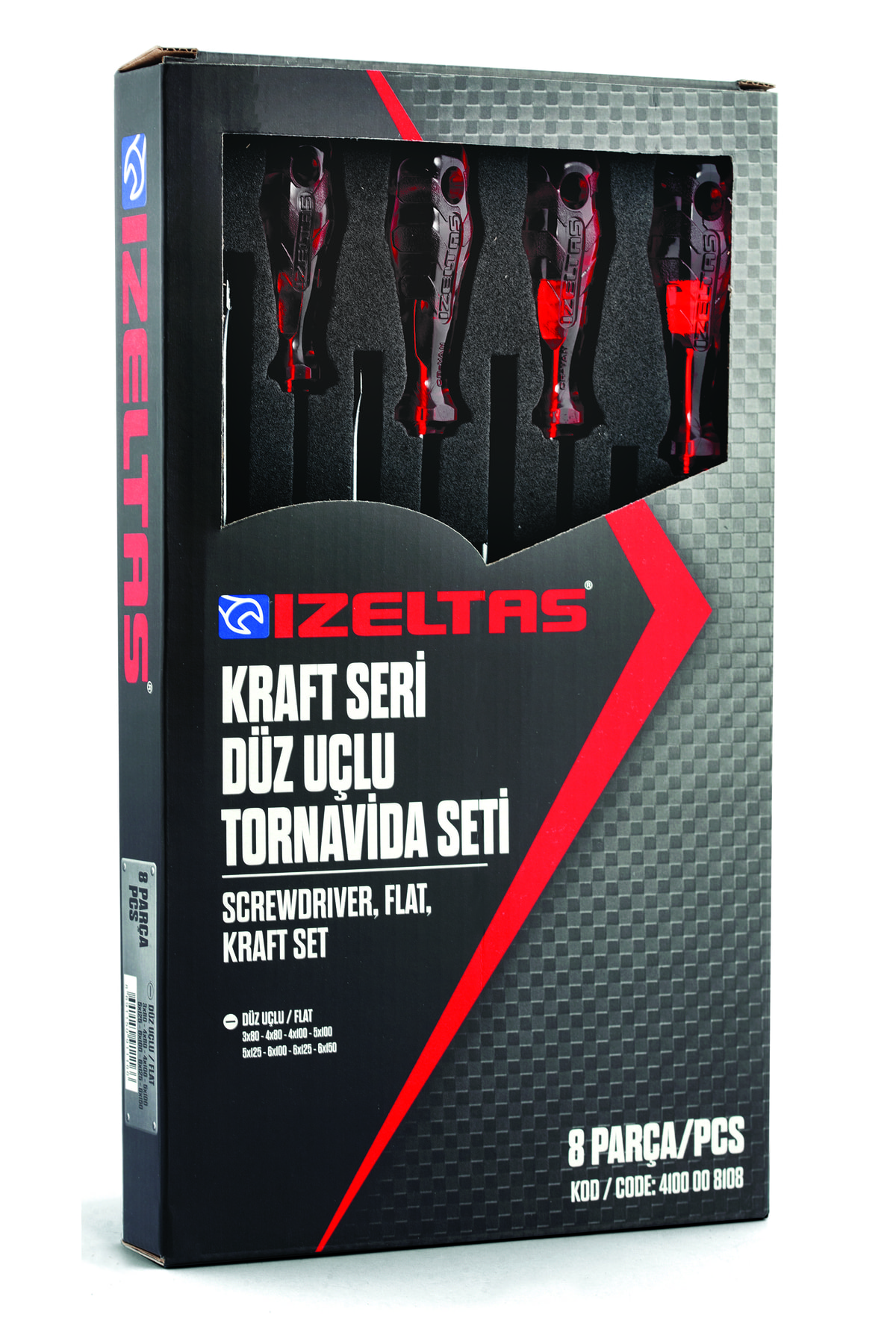 İzeltaş 4100 Kraft Serisi Düz Uçlu Tornavida Seti - 8 Parça