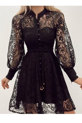 Astarlı Dantel Kumaş Hakim Düğme Detaylı Siyah Abiye Elbise Siyah Mezuniyet Elbisesi 100 BS-NWS-100
