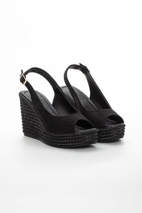 Kadın Siyah Süet Dolgu Topuklu Klasik Sandalet - 10 Cm - Yazlık SF-DTA-0002
