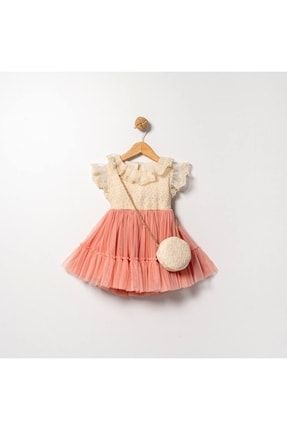 Kız Çocuk Dantel Güpür Örme Üst - Etek Kısmı Tül - Keten Örme Çantalı Sevimli Şık Tül Etekli Elbise sf11236656