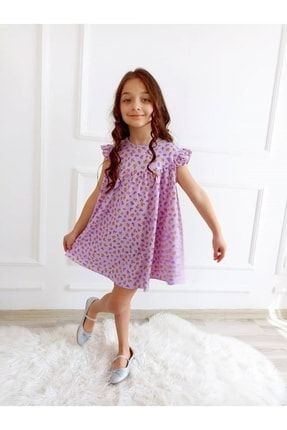Kız Çocuk Çiçekli Bürümcük Kumaş Kısa Kollu Elbise Lila NİSA1088