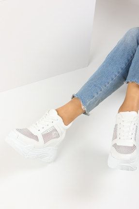 10cm Gizli Dolgu Topuk Beyaz Taşlı Sneaker Mrlf9915615