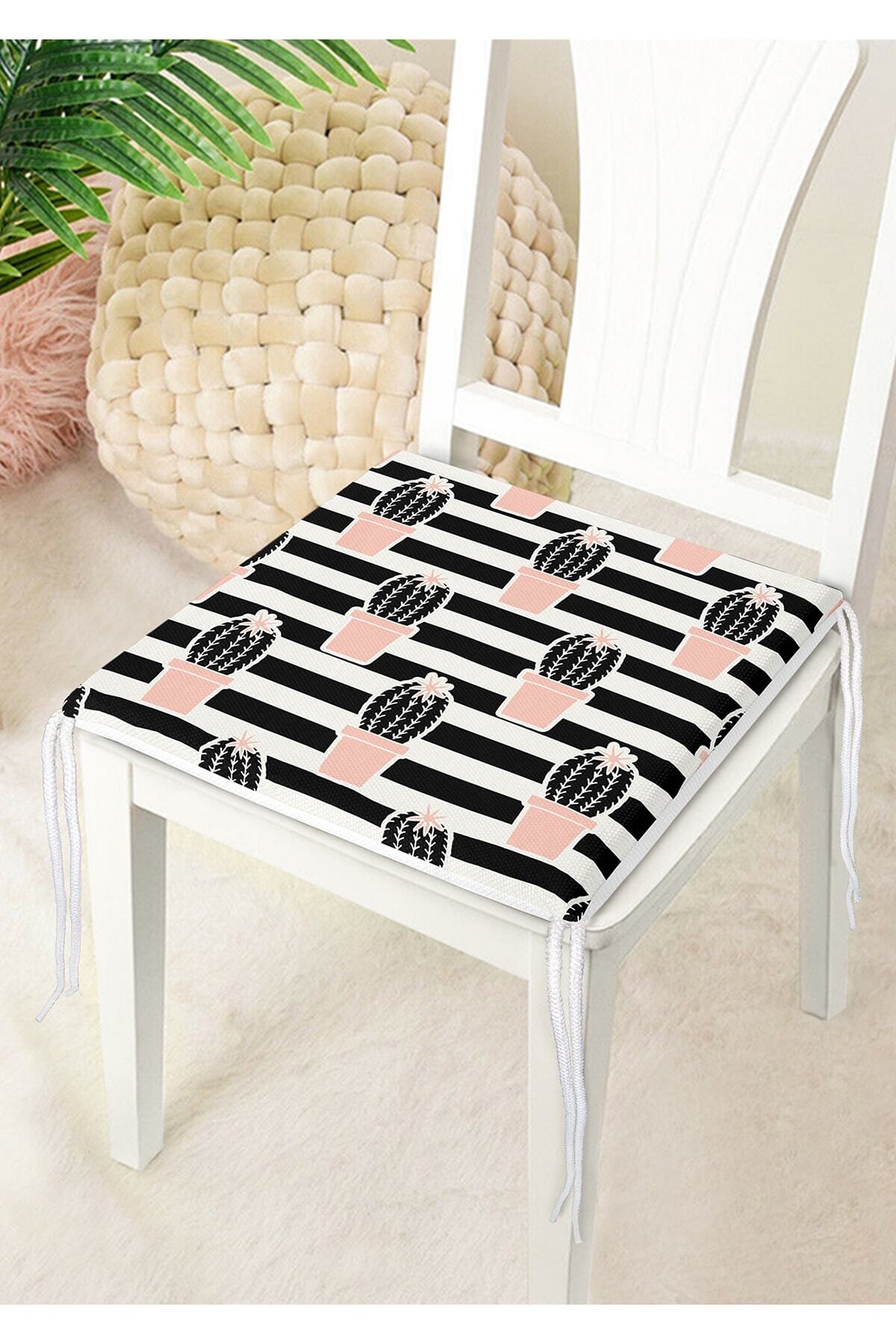 Realhomes-Black Striped Cactus Motif Digital Printed Zippered Chair Cushion 4