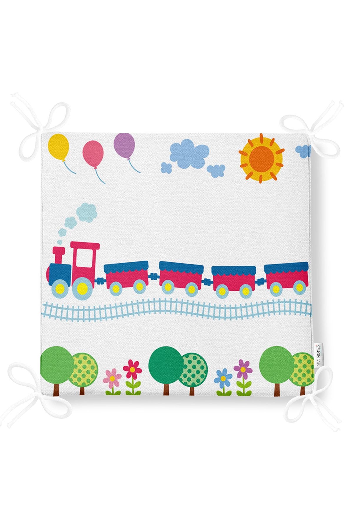 Realhomes-Children's Patterned Digital Printed Modern Zippered Chair Cushion with Train and Tree Figures 5