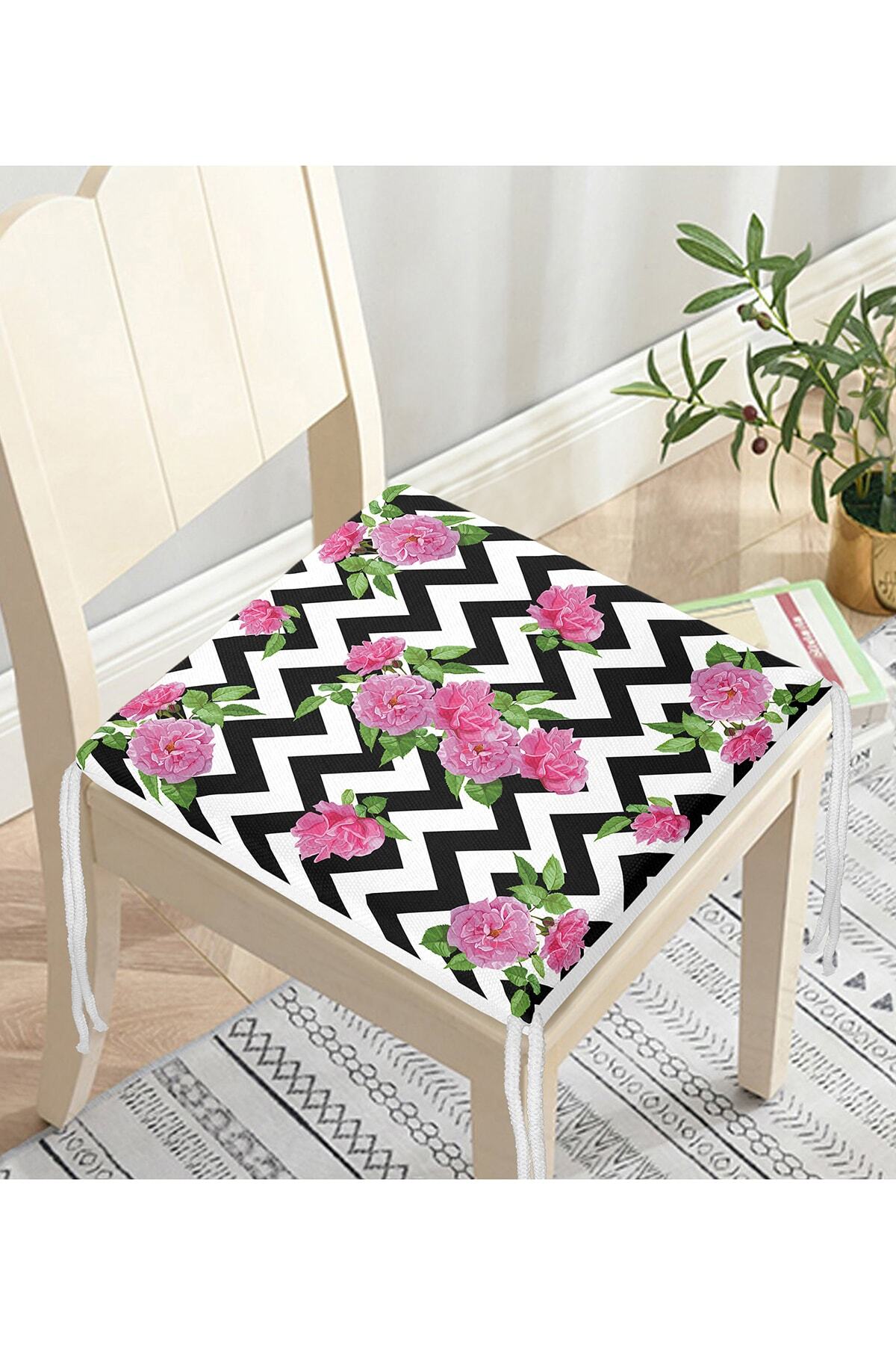 Realhomes-Zigzag Zebra Themed Modern Zippered Chair Cushion with Rose Motif 3