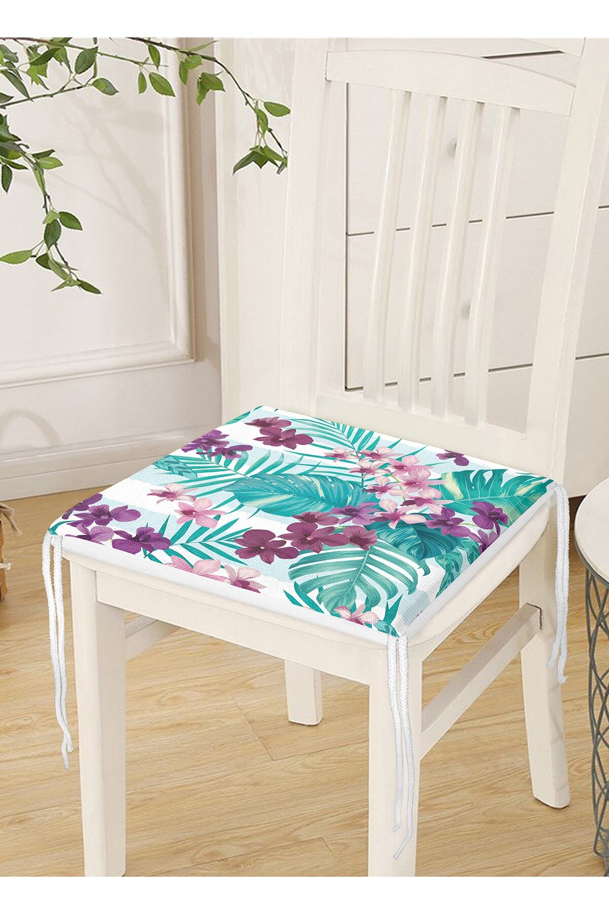 Realhomes-Turquoise Themed Lilac Flower Patterned Zippered Chair Cushion 4