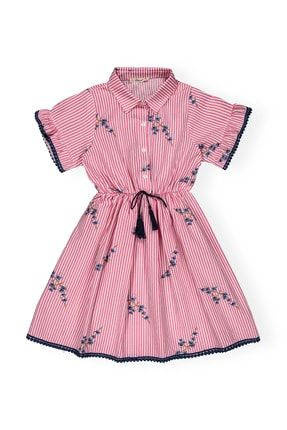 Babystoq Çizgili Ve Çiçek Desenli Pembe Renk Yazlık Kız Model Elbise 211131
