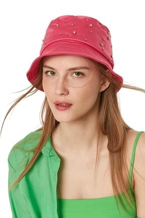 Kadın Fuşya Üzeri Taşlı Bucket Şapka 22-1YB0341