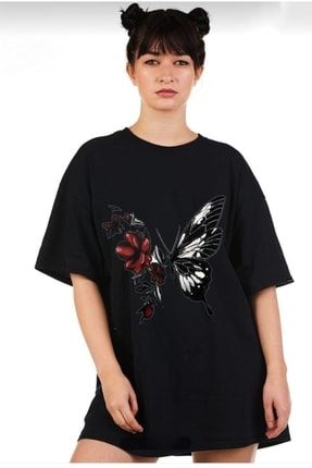 Kelebek Baskılı Oversize Siyah T-shirt T103