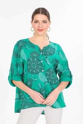 Kadın Yeşil Italyan Etnik Desenli Yakası Düğmeli Oversize Bluz ITALYAN712
