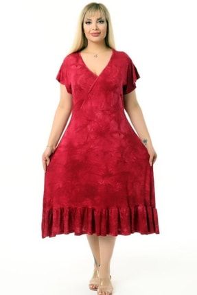 Kravuze V Yaka Kısa Kol Eteği Fırfırlı Batik Yıkalamlı Esnek Rahat Likralı Elbise KHE-00088_Kırmızı