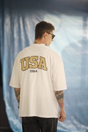 Usa Baskılı Oversize Beyaz T-shirt mdl-ovrtshirt-20