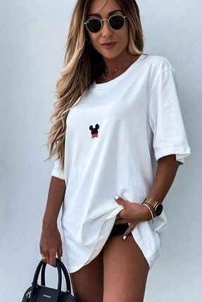 Kadın Miki Mouse Baskılı Oversize Beyaz T-shirt mdl-ovrtshirt-9