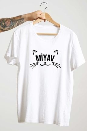 Unisex Beyaz Tasarım T-shirt Miyav BDT1067